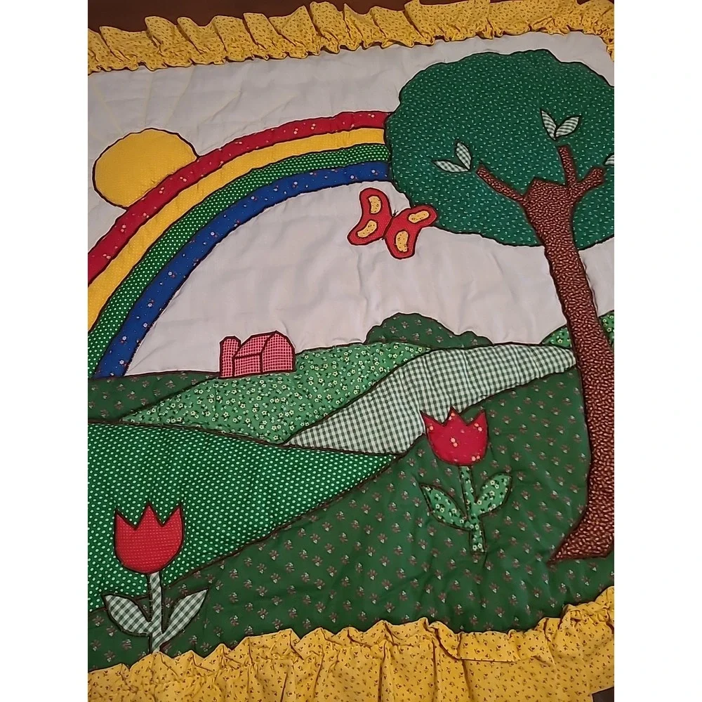 Small Calico Quilt Rainbow Flowers Sunshine Butterfly Tree Yellow Green 45